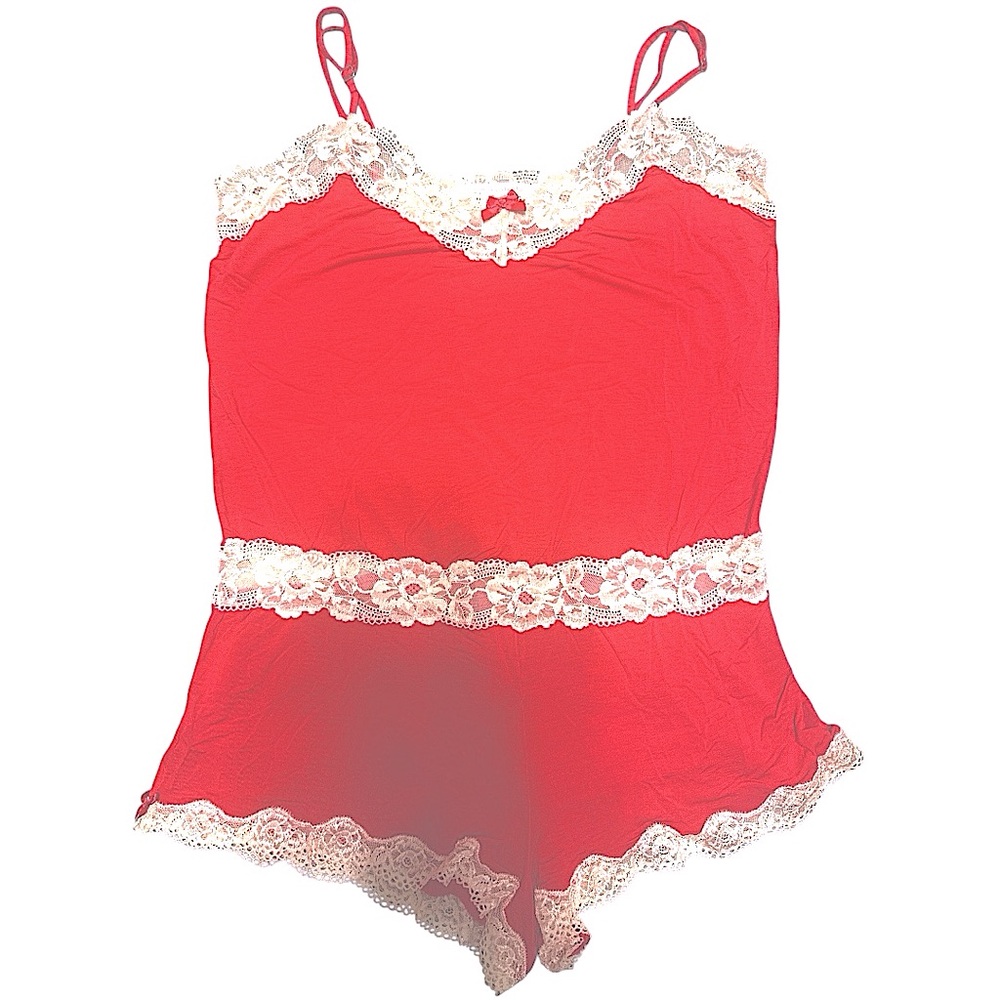 Victoria Secret Large Romper Sleepwear. Carnation Red with Pink Lace
